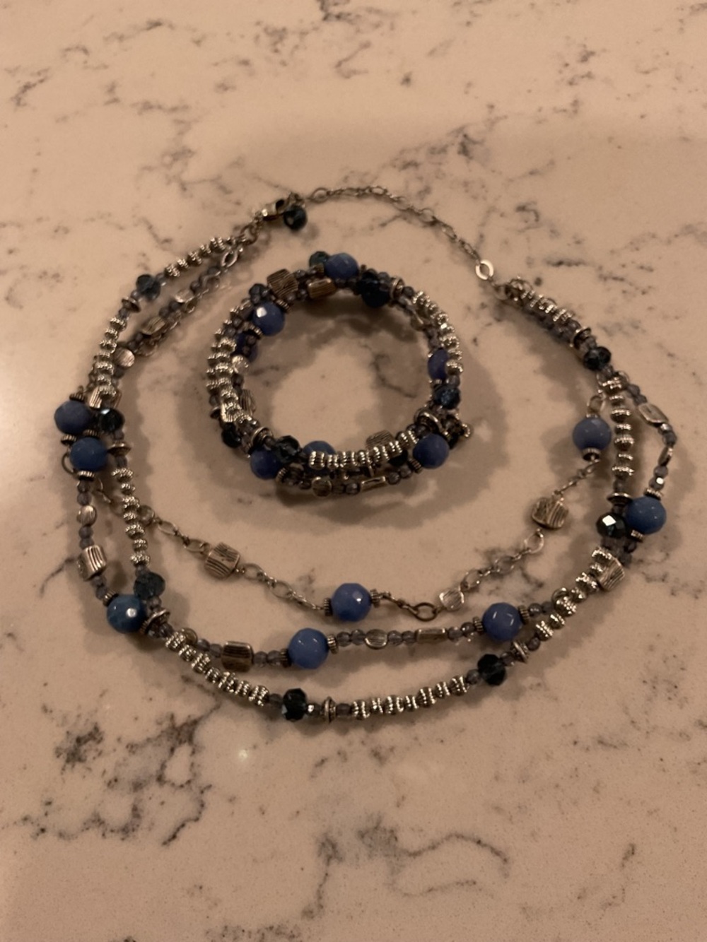Premier Designs Silver-Tone Multi-Strand Necklace Bracelet Set Denim Blue Beads